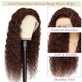 28 Inch Brown Curly Wigs Human Hair 13x4 Chocolate Brown Lace Front Wigs for Women 180% Density Brown Deep Wave Lace Front Wigs Hd Lace Colored Curly Wig Pre Plucked with Baby Hair