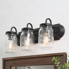 LOG BARN Bathroom Wall Light Fixtures, 3-Light Black Farmhouse Mason Jar Vanity Light Over Mirror for Hallway, Bedroom, Kitchen, and Living Room