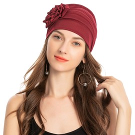 ZLYC Women Turban Beanie Hat with Flower Chemo Headwear Elastic Head Wrap Cap(Floral Burgundy),One Size