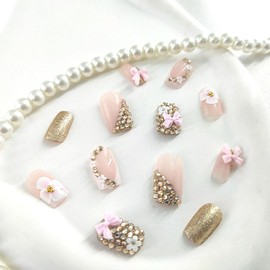 Square Press on Nails Medium Fake Nails with 3D Rhinestones Bow Glitter Flower Design French Tip Nails Press ons Glossy Glue on Nails Pink Acrylic Nails Gold False Nails Stick on Nails for Women 24Pcs