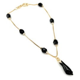 FWJ 18k Gold Plated Azabache Hand Bracelet 7.5 Inches Length 4.5mm Black Beads Protection Jewelry