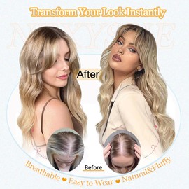 VEGALILY 20inch Hair Topper, 7x7" Base Size Wavy Hair Topper for Women, Brown Blonde with Dark Root Hair Toppers for Thinning Hair, Handmade Natural Hairline Hair Toppers Fake Hair Pieces for Women