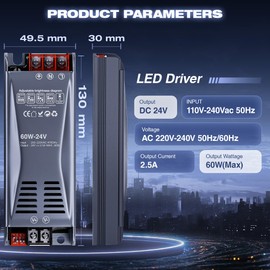 Shine Plus LED Transformer 24 V Power Supply 60 W Driver Switching Power Supply Transformer AC 230 V to DC 24 Volt, Adjustable Brightness 30 mm Thick Constant Voltage Low Voltage Transformer for LED