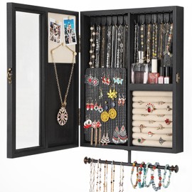 Keebofly Wall Mounted Jewelry Organizer With Rustic Wood Large Space Jewelry Cabinet, Holder, Storage Box for Necklaces, Earrings, Bracelets, Ring Holder, and Accessories Black