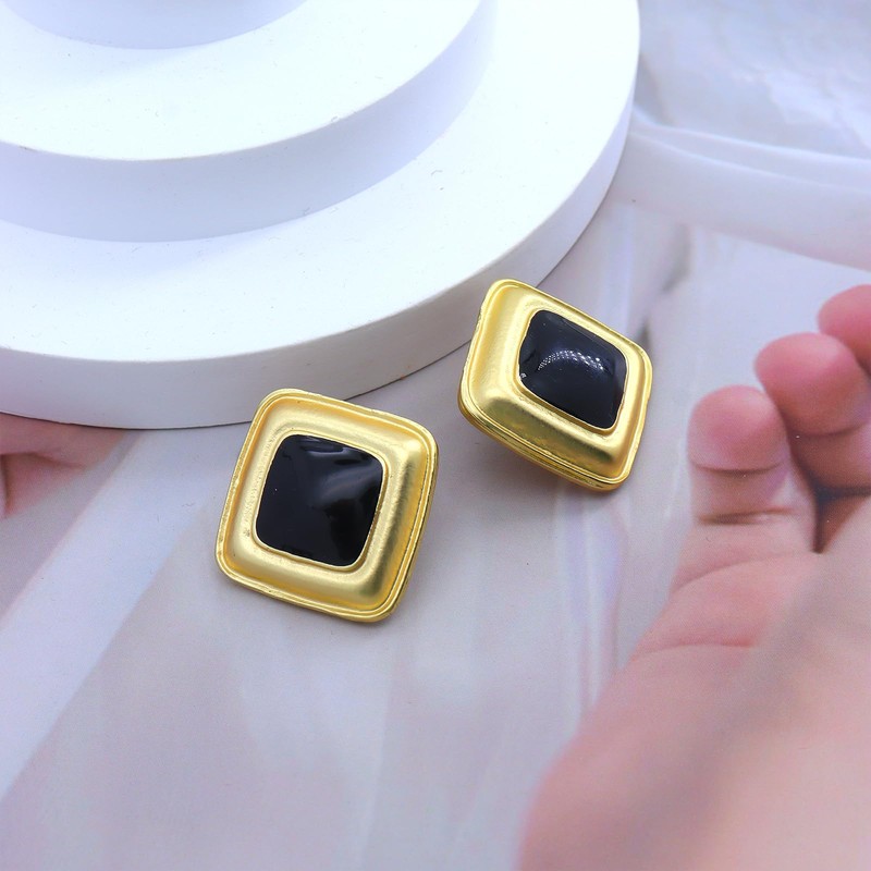 Chunky Black Gold Earrings for Women,Vintage Large Oval Square Statement
