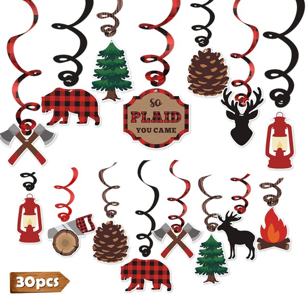 Levfla 30CT Lumberjack Party Hanging Swirls Decoration Buffalo Plaid Kids Birthday Photo Props Camping Ideas Bears Cutouts S'More Fun Door Whirls Signs Baby Shower Favor Supplies