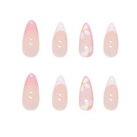 Enppode French Tip Press on Nails Medium Fake Nails with Flowers Design Pink Stick on Nails Almond Nails 24 PC/Set