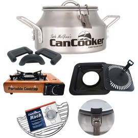 CanCooker Camping Cookware | Butane Stove with Portable Grill Top Conversion, Steam Cooker, Pot Rack, Handle Cover