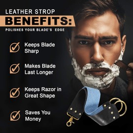 Shaving Razor Strop - Keep your Blades Sharp, Great Leather Shaving Strop. Blue Linen Belt For Cleaning. Straight Razor Sharpener Strop. Nice Leather Honing Strop, Straight Razor Strap