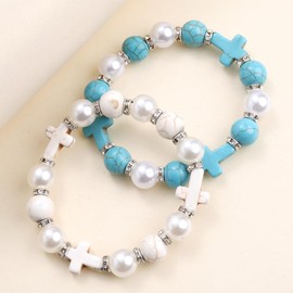 Cross Bracelet for Women Pearl Bracelet Healing Crystal Stretch Beaded Bracelet Pearl Beaded Bracelet Birthday Jewelry Gifts for Her