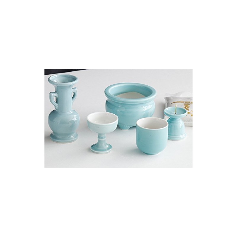 Yamako Japanese Buddhist Altar Set, Celadon, Blue Background, Pottery 5