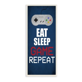Stupell Industries Eat Sleep Game Repeat Pixel Typography Vintage Controller, Designed by Kim Allen Wall Plaque, 7 x 17, Blue