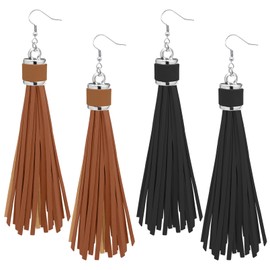 RechicGu 2x Western Earrings For Women Country Concert Pu Leather Long Tassels Stainless Steel Ear Hook Cowgirl Cowboy Bohemian Earrings Jewelry Set,Black & Coffee