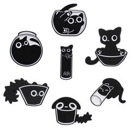 Cat Enamel Lapel Pins, 7 Pcs Cat Enamel Brooch Cute Pin Badge Backpack Pins Black Animal Cat Lapel Pins Set Cartoon Punk Black Brooch for Clothing Bags Jacket Backpack Accessory