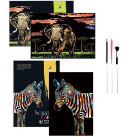 Georgie Porgy Scratch Art Paper Set DIY Arts Craft Kits for Kids Adults Magic Rainbow Cards Boards Christmas Birthday Present for Boys Girls (A3-Elephant + Zebra)