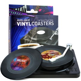 Funny Retro Record Coasters for Drinks with Vinyl Player Holder for Music Lovers,Set of 6 Conversation Piece Sayings Drink Coaster,Housewarming Hostess Wedding Registry Gift Ideas