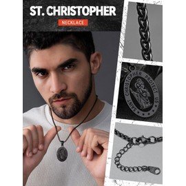 FaithHeart Saint Christopher Necklace Stainless Steel Catholic Patron Saint Medal Pendant Jewelry (Black/Oval)