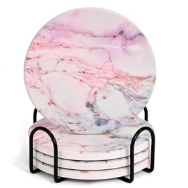 Lemonleaf Cute Desk Marble Coasters Set of 4, 4 Inch Absorbent Pretty Office Aesthetic Coffee Table Drink Coasters with Holder for Women (Pink)