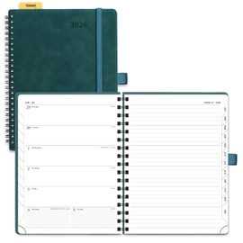 POPRUN 2026 Diary A5 Week to View Spiral Bound PU Leather Soft Cover 22 x 16.5 cm Appointment Work Book - 26 Weekly Planner & Notebook in One, Monthly Tab (Peotrol Green)