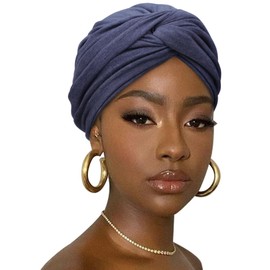 DRESHOW Hair Wrap for Women Ribbed Soft Turban Stretch Jersey Headscarf Breathable Lightweight Turban Plain, 1 Pack M: Navy Blue, Unit size