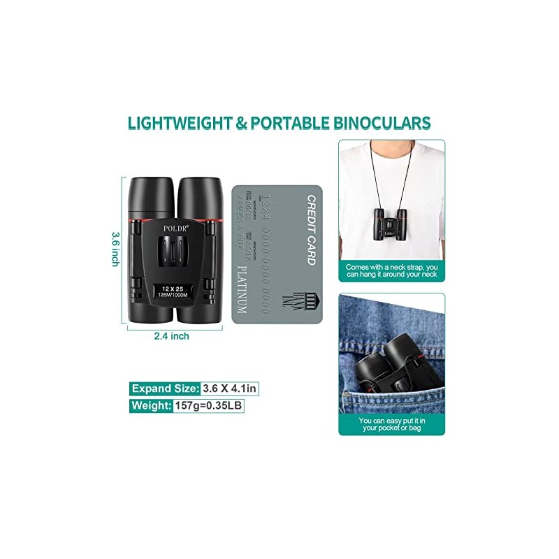 POLDR 12X25 Small Binoculars with Clear Vision, Pocket Binoculars Compact