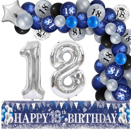 Navy Blue 18th Birthday Party Decorations Silver Happy 18th Birthday Yard Banner with 61pcs Latex Balloons Foil Number 18 Balloons Backdrop for Boy Girl Birthday Anniversary Party Decor Supplies