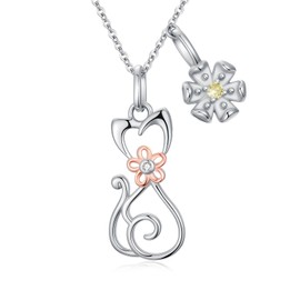 OHAYOO Kitty Cat and Daisy Necklace 925 Sterling Silver Animal Pendant Jewelry for Women, Sisters & Cat Lovers Graduation, Birthday, Summer Party Gift Idea