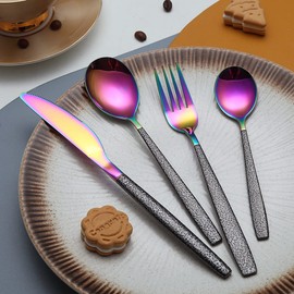 Kyraton Cutlery Set 16 Pieces with Moon Surface Black Handle and Shiny Rainbow Mouth Titanium Coating Stainless Steel Modern Cutlery Set Utensils Set Service for 4