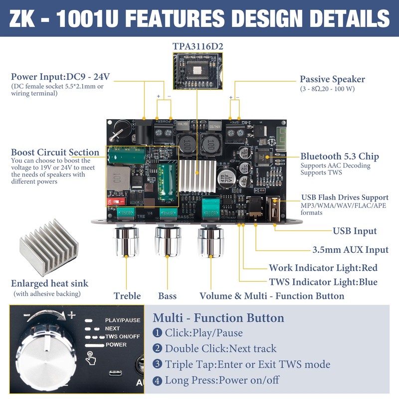 Qoroos 1PC ZK-1001U Mono Amplifier Board with TWS, Mini Audio