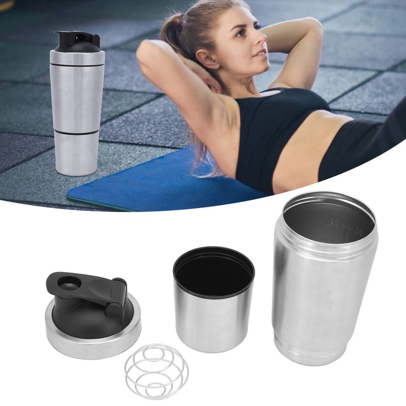Protein Shaker Bottle with Scale Portable Stainless Steel Double Section