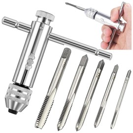 Tkxjry Tap Wrench Set, T-Handle Ratchet Tap x 1 + Tap x 5, Tool Holder with Sliding Handle, M3 / M4 / M5 / M6 / M8 Ratchet Tap Holder Key, HSS Thread Milling Set of 6