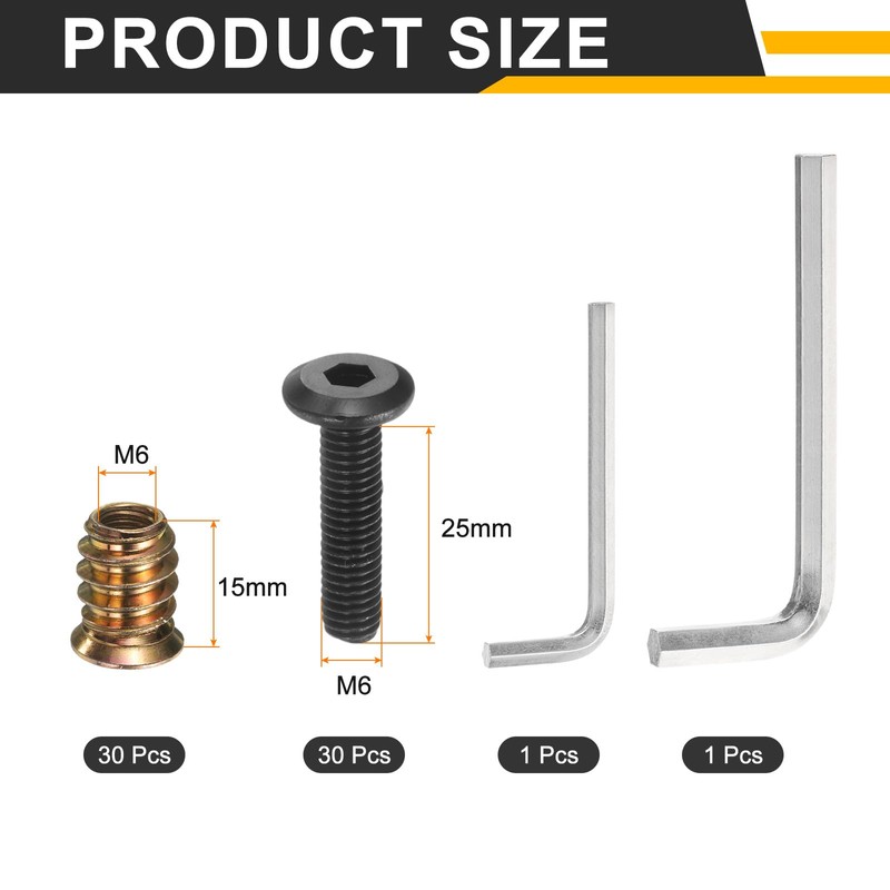 sourcing map 30Sets M6 x 25mm Furniture Screw Threaded Inserts