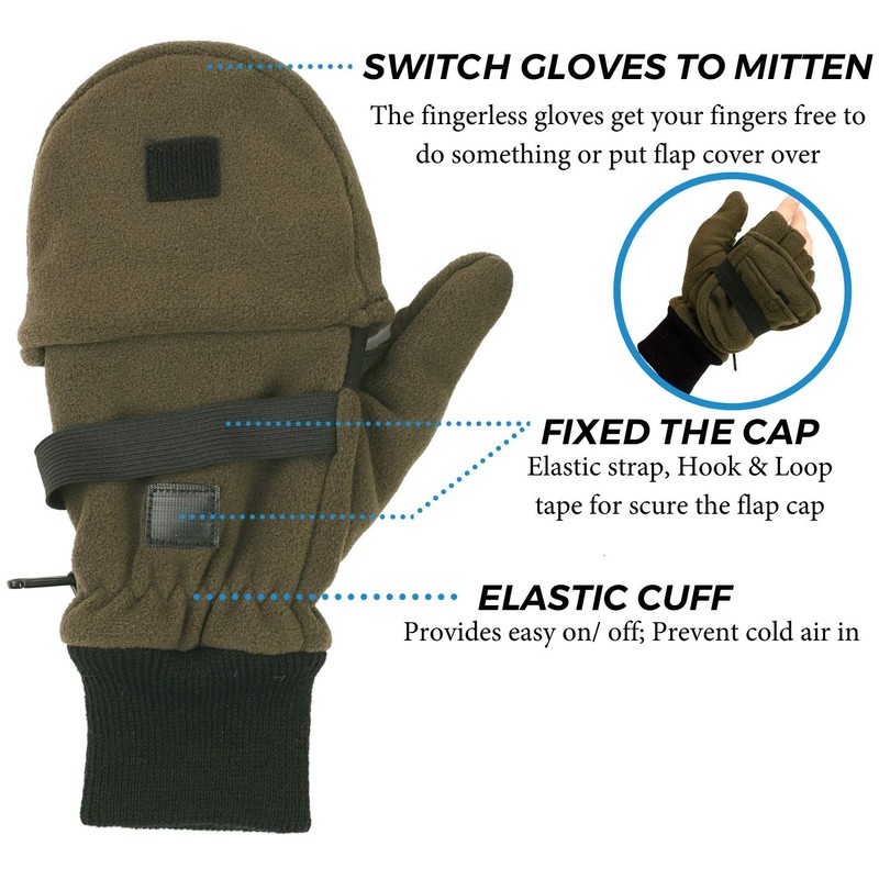 Zeltauto Men’s Thinsulate Gloves Convertible Fingerless Mitten Flap Cover Multipurpose