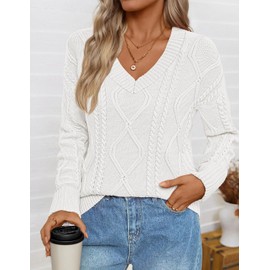 ZESICA Women's Fall Oversized Sweaters 2025 Casual Long Sleeve V Neck Cable Knit Trendy Pullover Tops White Medium