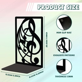 Peacoblue Metal Bookends for Shelves, Decorative Heavy Duty Study Book Support Stoppers for Desk, Shelf, Room, 13.46x10.92x20cm Cast Iron Simple Tall Bookends to Hold Books, 1 Pair (Musical Note)