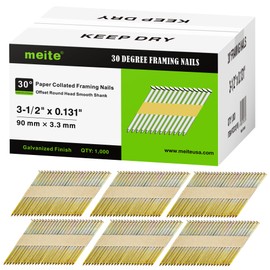 meite 30 Degree Framing Nails 3-1/2 Inch x .131-Inch, Galvanized Coated, Paper Tape Collated, Offset Round Head Smooth Shank Framing Nails for 30-34 Degree Framing Nailers (1,000 Counts)