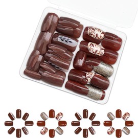 48Pcs Fall Press on Nails Short Square Fake Nails Brown Leaf Flower Glue on Nails with Designs Cute Fall Winter Nail Art Decorations Glossy Full Cover Autumn Stick on Nails for Women Finger Manicure