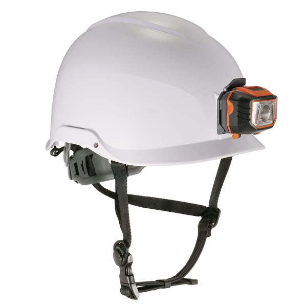 Ergodyne Skullerz 8974LED Safety Helmet with Light, Class E Hard Hat, 6-pt Suspension, Padded Sweatband Top Padding Comfort Included White