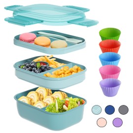 CocoMeiwei Bento Box Adult Lunch Box, Bento Lunch Box with 5 Silicone Cupcake Liners, Leak-proof Bento Lunch Box Containers 3 Tiers 50oz, 6compartments Large Capacity for Working Green
