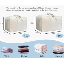 DoYiKe Soft Canvas Clothes Storage Bags with Four Carrying Handles and Clear Window, Closet Organizer for Clothing, Blankets Sheets Pillows and Bedding, 55L, 4 Pack, White