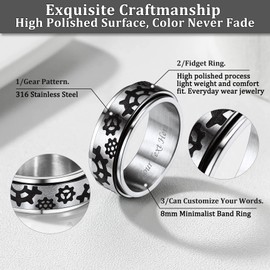 Bestyle Men Steel Fidget Rings Rotating Anxiety Rings with Gear Pattern Hip Hop Rings for Biker Rapper Size 10