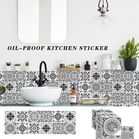 Bailinks 24 Pcs 4'' Grey Wall Tile Stickers Victorian Moroccan Mosaic Style Tile Stickers furniture transfers, Stick on Tiles Peel and Stick, Room Decor for Kitchen bathroom Stairs