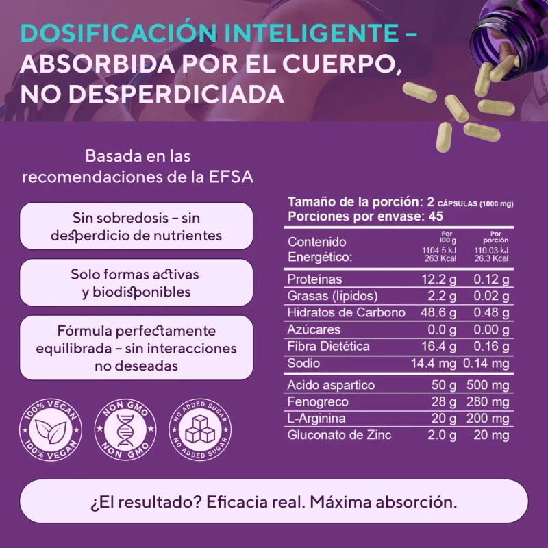 Testo Suplemento Hombre Ácido Aspártico Fenogreco Arginina Zinc Vegano Gluten