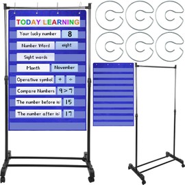 Dinifee 8 Pcs Pocket Chart Accessories Set Include 1 Standard Pocket Chart 6 Replacement Rings and 1 Adjustable Brackets for Classrooms Home Teacher Lessons Educational Tools (Blue)