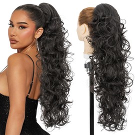 Hairro Claw Clip Ponytail Hair Extensions Jaw On Ponytails Synthetic Hair Curly Wavy Jaw/Claw Clips Pony Tail Hairpieces For Women 24 Inch 200g #1B Natural Black