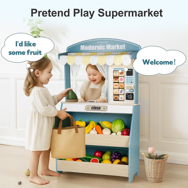 Kids Grocery Store Pretend Play, Puppet Theater&Grocery Store Playset Toy