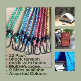 xtralotz - Heavy Duty Bungee Shock Tension Cords with Hooks - 12 Pack – Multi-Purpose Elastic Bungee Straps for Luggage, Camping, Tarps, Tents, Awning- Weatherproof & UV Resistant