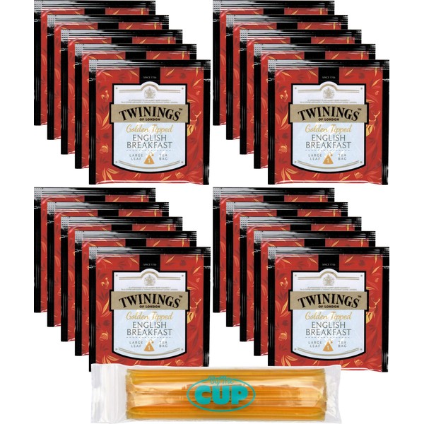 Twinings Discovery Collection Golden Tipped English Breakfast, 20 Large Leaf Pyramid Tea Bags with By The Cup Honey Sticks