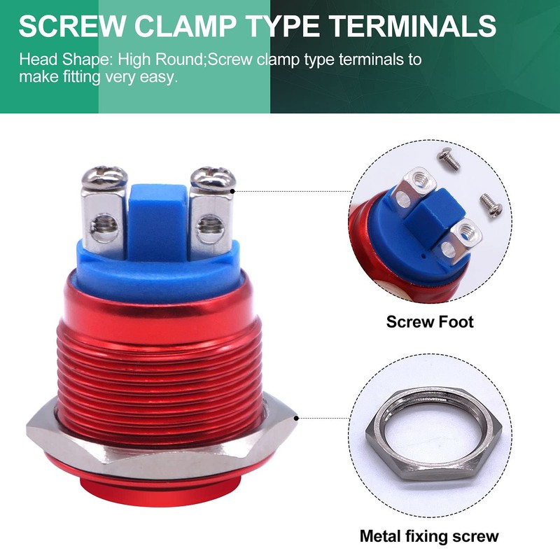 Twidec/19mm Push Button Waterproof Red Metal Shell Momentary Raised Top