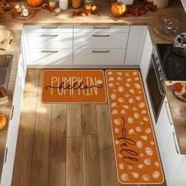 Artoid Mode Orange Hello Pumpkin Fall Kitchen Mats Set of 2, Autumn Home Decor Low-Profile Kitchen Rugs for Floor - 17x29 and 17x59 Inch